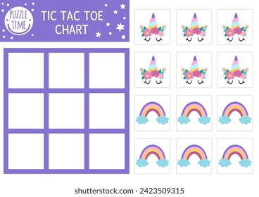 Gráfica de pie de tac de vectores unicornio con hadas y arcoiris. Magia, fantástico juego de mesa del mundo jugando con personajes lindos. Hoja de cálculo imprimible de cuento de hadas. Cuadrícula de nubes y cruzas 
