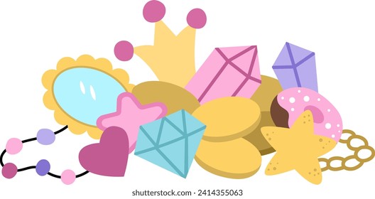 Vektor Einhorn Schätze Konzept. Pile mit süßen Sternen, Diamanten, Spiegel, Perlen, Goldmünzen, Kronen, Donut. Magische oder märchenhafte Gestaltung für Karten einzeln auf weißem Hintergrund
