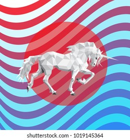 Vector unicorn white polygonal on red circle background and striped red-blue background.