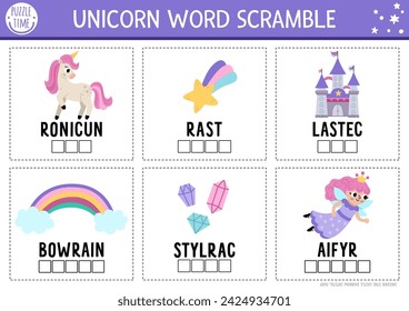 Vektor Einhorn Wort Scramble Aktivität Seite. Englische Sprache Spiel mit Fee, Schloss, Regenbogen für Kinder. Magie oder Fantasie-Familien-Quiz. Märchenhaftes ausdruckbares Arbeitsblatt
