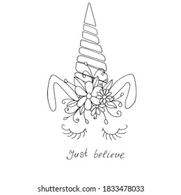 Vector unicorn in a wreath of flowers, leaves and berries. Lineart for a children's party. Black and white. Inviting a girl or a girl to a holiday.