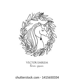 Vector Unicorn in wreath. Magical animal. Black and white. Coloring book pages for adults and kids. Perfect for ticket, branding, boutique logo, label