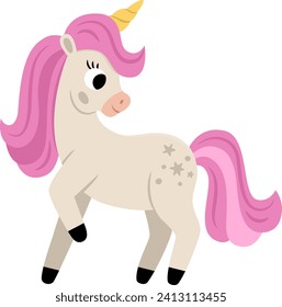 Vector unicorn with yellow horn and pink mane. Fantasy animal. Fairytale horse character for kids. Cartoon magic creature icon isolated on white background
