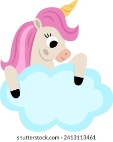 Vector unicorn with yellow horn and pink mane. Fantasy animal holding blue cloud with place for text. Fairytale horse character for kids. Cartoon magic creature icon isolated on white background
