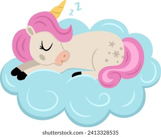 Vector unicorn with yellow horn and pink mane. Fantasy animal sleeping on blue cloud. Fairytale horse character for kids. Cartoon magic creature icon isolated on white background
