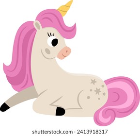 Vector unicorn with yellow horn and pink mane. Fantasy sitting animal. Fairytale horse character for kids. Cartoon magic creature icon isolated on white background
