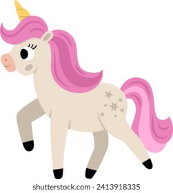 Vector unicorn with yellow horn and pink mane. Fantasy walking animal. Fairytale horse character for kids. Cartoon magic creature icon isolated on white background
