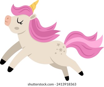 Vector unicorn with yellow horn and pink mane. Fantasy running animal with closed eyes. Fairytale horse character for kids. Cartoon magic creature icon isolated on white background
