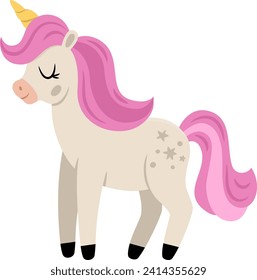 Vector unicorn with yellow horn and pink mane. Fantasy animal. Fairytale horse character for kids. Cartoon magic creature icon isolated on white background
