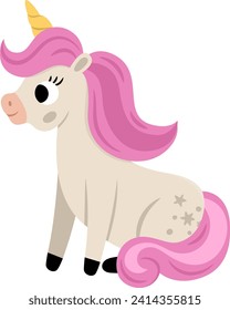 Vector unicorn with yellow horn and pink mane. Fantasy sitting animal. Fairytale horse character for kids. Cartoon magic creature icon isolated on white background
