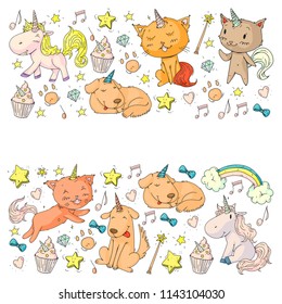 Vector unicorns. Caticorn. Cat, dog, pony with horn and rainbow. Fantasty vector icons. Cute kindergarten pattern for little children. Princess fairy tale.