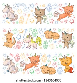 Vector unicorns. Caticorn. Cat, dog, pony with horn and rainbow. Fantasty vector icons. Cute kindergarten pattern for little children. Princess fairy tale.