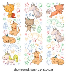 Vector unicorns. Caticorn. Cat, dog, pony with horn and rainbow. Fantasty vector icons. Cute kindergarten pattern for little children. Princess fairy tale.