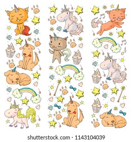 Vector unicorns. Caticorn. Cat, dog, pony with horn and rainbow. Fantasty vector icons. Cute kindergarten pattern for little children. Princess fairy tale.