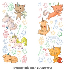 Vector unicorns. Caticorn. Cat, dog, pony with horn and rainbow. Fantasty vector icons. Cute kindergarten pattern for little children. Princess fairy tale.