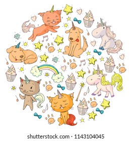 Vector unicorns. Caticorn. Cat, dog, pony with horn and rainbow. Fantasty vector icons. Cute kindergarten pattern for little children. Princess fairy tale.