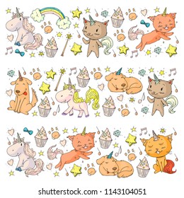 Vector unicorns. Caticorn. Cat, dog, pony with horn and rainbow. Fantasty vector icons. Cute kindergarten pattern for little children. Princess fairy tale.