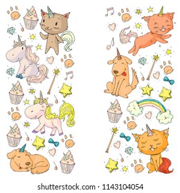 Vector unicorns. Caticorn. Cat, dog, pony with horn and rainbow. Fantasty vector icons. Cute kindergarten pattern for little children. Princess fairy tale.