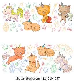 Vector unicorns. Caticorn. Cat, dog, pony with horn and rainbow. Fantasty vector icons. Cute kindergarten pattern for little children. Princess fairy tale.