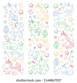 Vector unicorns. Caticorn. Cat, dog, pony with horn and rainbow. Fantasty vector icons. Cute kindergarten pattern for little children. Princess fairy tale.