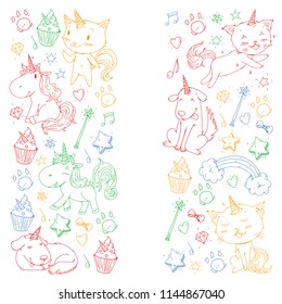 Vector unicorns. Caticorn. Cat, dog, pony with horn and rainbow. Fantasty vector icons. Cute kindergarten pattern for little children. Princess fairy tale.