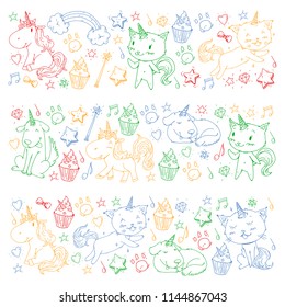 Vector unicorns. Caticorn. Cat, dog, pony with horn and rainbow. Fantasty vector icons. Cute kindergarten pattern for little children. Princess fairy tale.