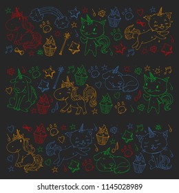 Vector unicorns. Caticorn. Cat, dog, pony with horn and rainbow. Fantasty vector icons. Cute kindergarten pattern for little children. Princess fairy tale.