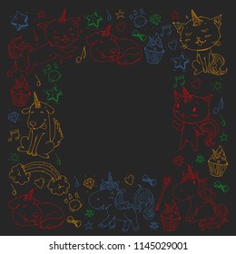 Vector unicorns. Caticorn. Cat, dog, pony with horn and rainbow. Fantasty vector icons. Cute kindergarten pattern for little children. Princess fairy tale.