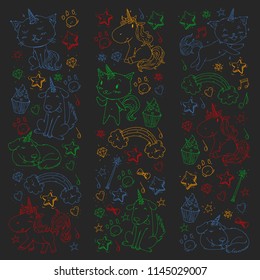 Vector unicorns. Caticorn. Cat, dog, pony with horn and rainbow. Fantasty vector icons. Cute kindergarten pattern for little children. Princess fairy tale.