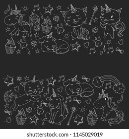 Vector unicorns. Caticorn. Cat, dog, pony with horn and rainbow. Fantasty vector icons. Cute kindergarten pattern for little children. Princess fairy tale.