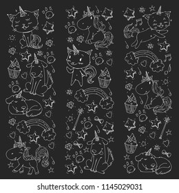 Vector unicorns. Caticorn. Cat, dog, pony with horn and rainbow. Fantasty vector icons. Cute kindergarten pattern for little children. Princess fairy tale.