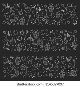 Vector unicorns. Caticorn. Cat, dog, pony with horn and rainbow. Fantasty vector icons. Cute kindergarten pattern for little children. Princess fairy tale.