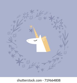 Vector unicorns illustration, frame. Poster, postcard, print, sticker, label and other.