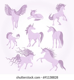 Vector unicorns image collection. Elements for design. Set of cute pink and lilac unicorns. Fairy magic elements, isolated vector objects, flat design illustration. Beautiful horses with horn