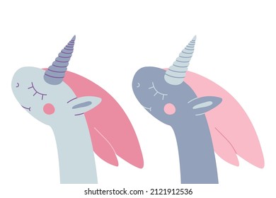 Vector unicorns isolated icon. A sticker on a portrait of a horse's head, a badge patch. Magical cartoon fantasy cute animals. A symbol of a dream. Design for children.