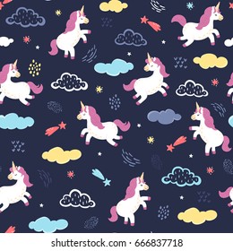 Vector unicorns jumping in the night sky. Seamless pattern with cute white unicorns, clouds, stars and other hand drawn elements. Adorable animal background