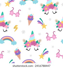 Vector unicorns patrón sin fisuras. Repita el fondo con personaje de cuento de hadas, cuerno con ojos y flores, arcoiris, estrellas en caída, gafas rosas con forma de estrella. Papel digital de Fantasía
