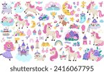 Vector unicorns set. Big collection with fairytale characters, fairy, animals with horns, castle on cloud, rainbow, falling stars, crystals, sweets. Fantasy world clip art elements. Magic icon pack