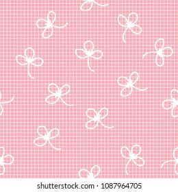 Vector Uniform Cute Grid checkered with flower seamless pattern on pink background.