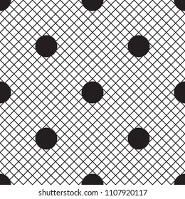 Vector Uniform Grid checkered fishnet tights with polka dot seamless pattern. Black lines isolated on white background.