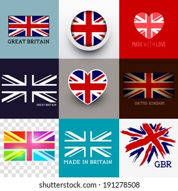 Vector Union Jack Collection. Set of various British flags and UK symbols, vector illustration.