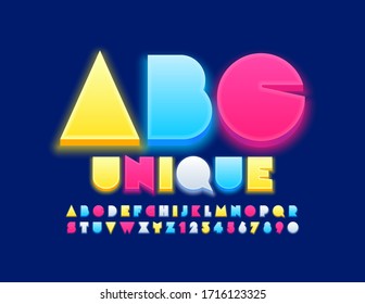 Alfabeto único vectorial. Letras y números brillantes. Fuente creativa colorida