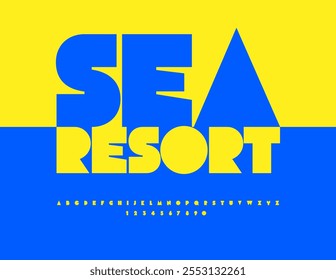 Vector unique badge Sea Resort. Trendy Bright Font. Sunny Yellow Alphabet Letters and Numbers set