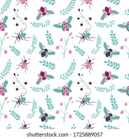 Vector unique bright botanic fashion print no limits. Insects plant floral seamless repeated pattern isolated on white background. Cyan magenta colors. Greenish-blue leaves style. Garden pink beetle. 