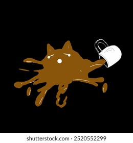Vector unique cat with the coffee in the glass spilled. wallpaper background. texture design logo. t-shirt, sticker.