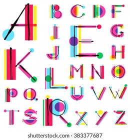 Vector unique colorful alphabet made of simple geometrical shapes with hand drawn sketch elements. Beautiful vivid isolated capital latin letters from A to Z. Ready for poster or artwork design.