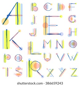 Vector unique colorful alphabet made of simple geometrical shapes with hand drawn sketch elements. Beautiful vivid isolated capital latin letters from A to Z. Ready for poster or artwork design.
