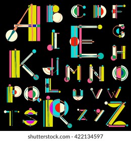 Vector unique colorful alphabet made of simple geometrical shapes with hand drawn sketch elements. Beautiful vivid isolated capital latin letters from A to Z. Ready for poster or artwork design.
