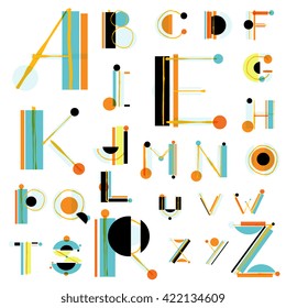 Vector unique colorful alphabet made of simple geometrical shapes with hand drawn sketch elements. Beautiful vivid isolated capital latin letters from A to Z. Ready for poster or artwork design.
