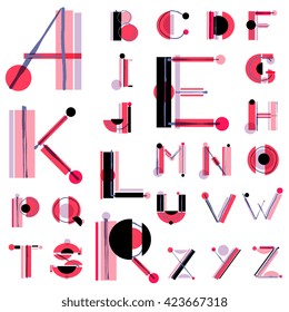 Vector unique colorful alphabet made of simple geometrical shapes with hand drawn sketch elements. Beautiful vivid isolated capital latin letters from A to Z. Ready for poster or artwork design.
